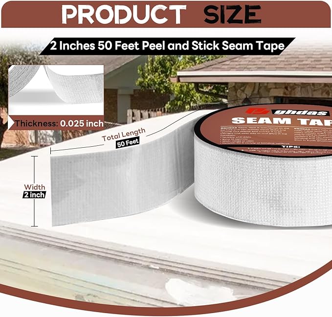 Bghdas Peel and Stick Seam Tape, Repair Leaks and Restores Roof Seams and Tears, Used for Bonding Metal, Wood, EPDM, Fiberglass, and Tiles, Efficient to Use, 2 Inch x 50 Feet Roll（1 Piece）