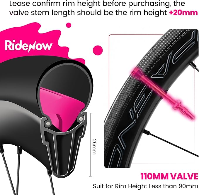 RideNow Tubeless Valve Stems, 110mm Presta Tubeless Tire Valve Stems, Super Light Alloy Tubeless Valve, Multiple Color and Size Options(Pair), Pink