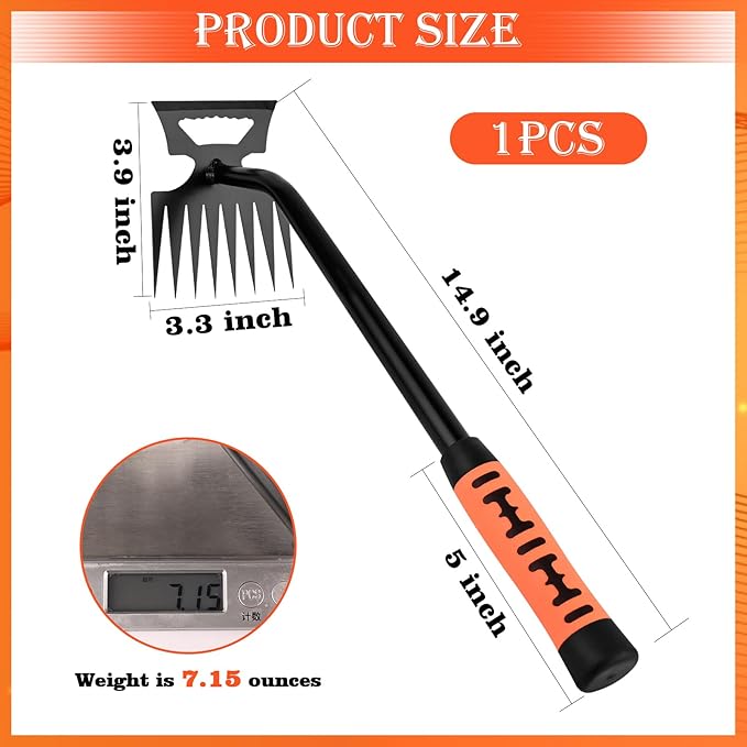 BokingOne Portable Weed Removal Tool - 8-Prong Manganese Steel with Black Baked Rust-Proof Coating for Garden Lawn Farm, Non-Slip Rubber Handle