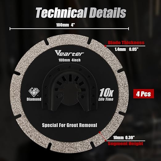 Diamond Oscillating Tool Blade 4PCS, 4" Circular Oscillating Saw Blades for Grit Grout Removal, Universal Quick Release Multitool Blades for Tile, Cement, Concrete, Masonry