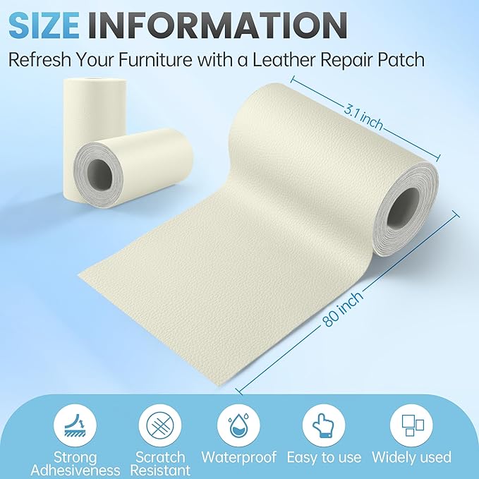Leather Repair Patch Tape Kit, 3" x 80" Self Adhesive Leather Repair Patch for Furniture, Vinyl Kit for Car Seat, Chairs, Couch, Sofa, Boat Milky White