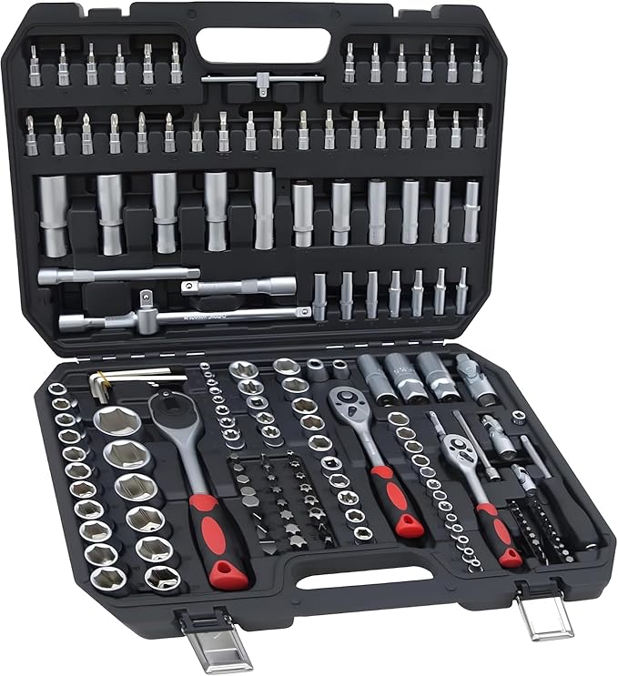 171 Pieces Socket Set, 1/4 and 3/8 Inch Drive Mechanic Tool Set, Motorcycle Tool Kit with Ratchet Handle, Universal Joint, Extension Bar, Home Auto Repair Set (171p)