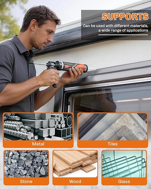 WELLUCK Gray Silicone Caulk, 100% Waterproof Silicone Sealant Adhesive Caulking,for RV, Kitchen,Bathroom, Window, Door, Glass,10.2FL.OZ/300ML（4 Pack）