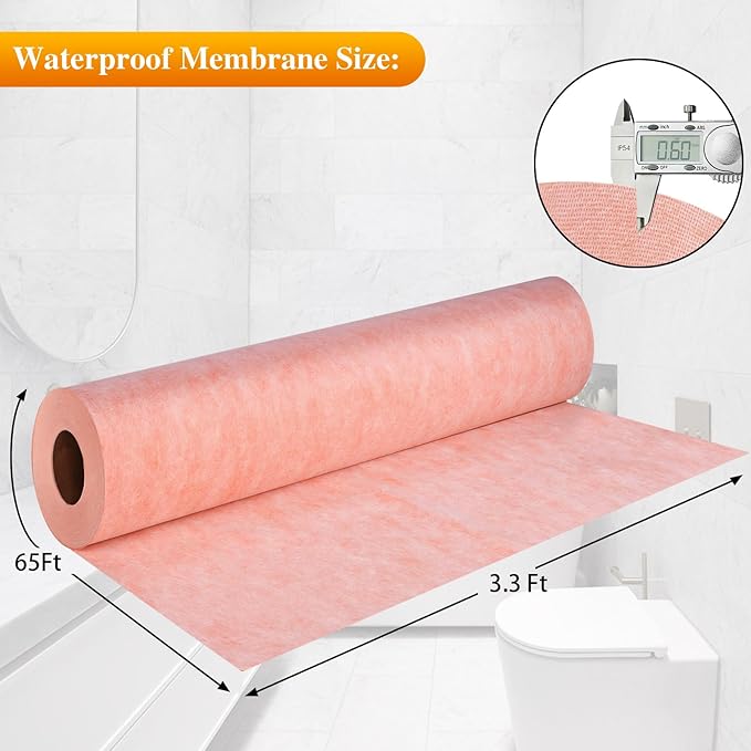 Waterproof Membrane for Shower,3.3ftx65ft Shower Waterproofing Membrane Uncoupling Band for Tile Wall Floor Bathroom Sauna Steam Room and Wet Areas,Tile Underlayment Seam Tape,23.6Mils Thick,214 Sq Ft