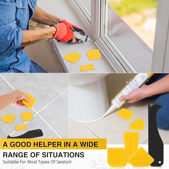 Outus 4 Pieces Silicone Caulking Tool Set Sealant Finishing Grout Scraper Caulking Removal Tool for Kitchen Bathroom Floor Sink Joint Sealant Sealing Home House Renovation, Reuse and Replace(Yellow)