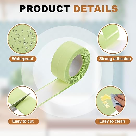 uxcell Caulk Tape Waterproof, 0.83 Inch x 4.92 ft Self-Adhesive Sealant Sealing Strip Caulking Sealant Tape PVC with Tool for Kitchen Sink Toilet Bathroom Bathtub Floor, Green
