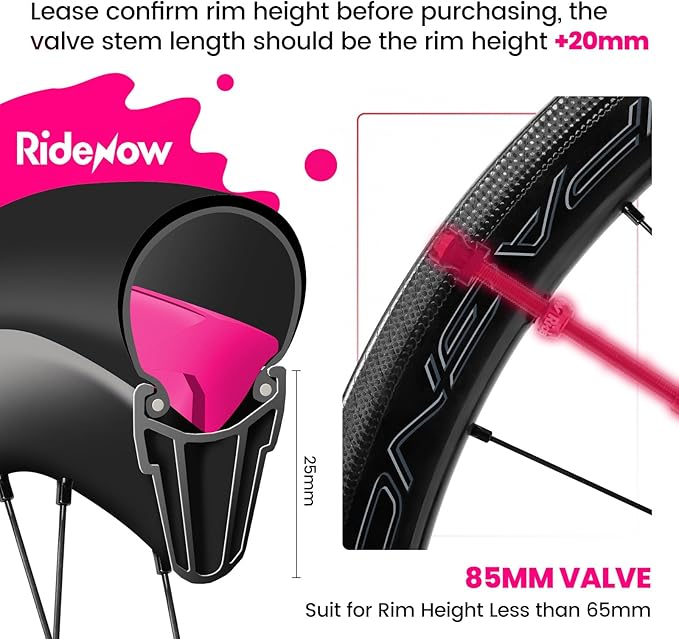 RideNow Tubeless Presta Valve Stems, 85mm Super Light 7075 Aluminum Alloy Presta Tubeless Valve Stem Kit with Valve Core Remover Tool and Valve Stem Caps, Multiple Color & Size Options(Pair), Rose Red