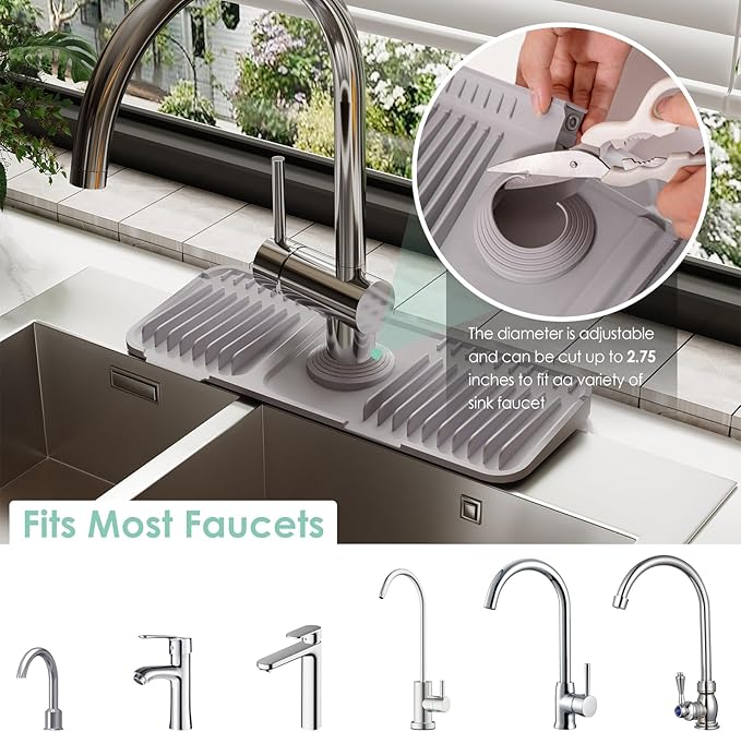 24 Inch Silicone Faucet Mat for Kitchen Sink Splash Guard - 7° Slope Water Draining Mat With Fasten Button for Bathroom Area (Gray, 14.6''x5.5'')