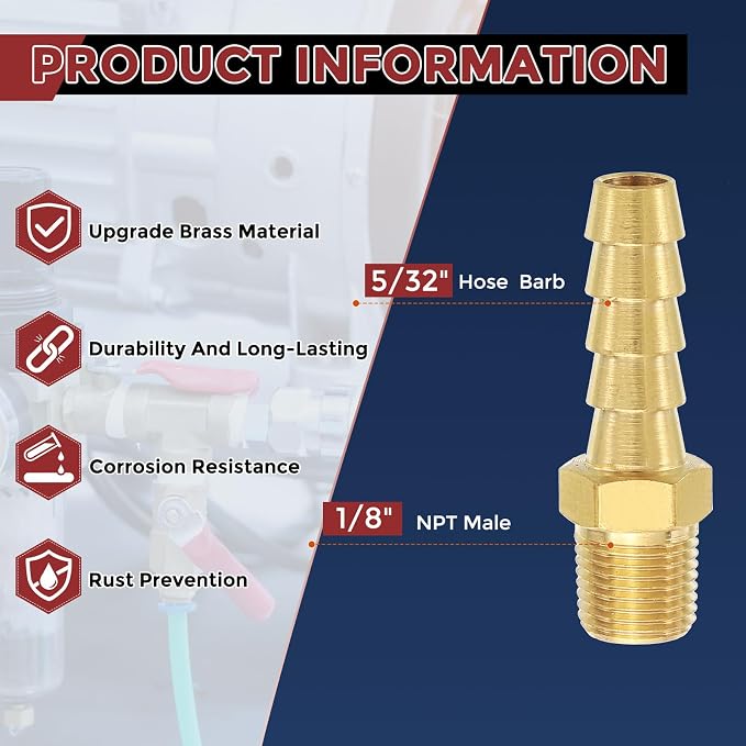 Pack of 1 Brass Hose Barbs Fittings 5/32" Hose Barbs to 1/8" NPT Male Fittings for Home Machines, Massage Bathtubs, and Irrigation Systems