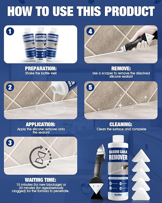 Caulk Remover, Silicone Caulk Remover, Stronger and Specialized Formula, Safer Around Family, with 3 in 1 Remove Scraper, Easily Remove from Surfaces Like Bathtubs, Showers, Windows, Kitchens, 200ml