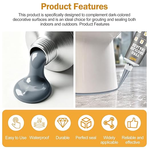 Grey Silicone Caulk Sealant - Caulk for Filling and Repairing Sinks, bathtubs, Shower Stalls, Toilet Bases, Tile Joints, and Door and Window Joints
