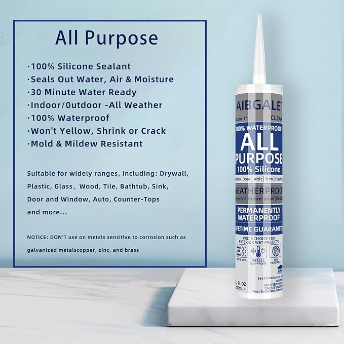 Caulking Tool Kit, Caulking Gun, 2 Clear Silicone Sealant with Gun - All-Purpose 100% Silicone Caulk (20 oz Tube), and 5 in 1 Scraper/Smoothing Tool, Sandpaper, Gloves and Masking Tape