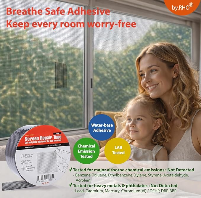 by.RHO Screen Repair Tape – Strong Self-Adhesive Window & Screen Door Repair Kit, Fiberglass Screen Patch 2"×33ft, Easy Cut and Apply, Indoor-Safe Adhesive, All-Weather (Gray)