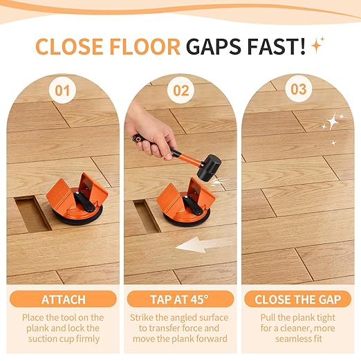 Floor Gap Fixer Tool for Laminate and Vinyl Flooring, Heavy-Duty Steel Floor Gap Repair Tool with Strong Suction Cup, Dual 45° Striking Surfaces, Gap Cleaning Blade, 5 Sticky Pads and 4 Felt Pad