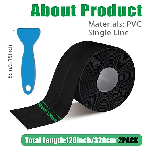 Black Caulk Tape, Bathroom Caulking Silicone Waterproof for Shower, Bathtub, Toilet Seal, Sink Edge Protector Kitchen Tape, Self-Adhesive Peel and Stick Removable Caulk Strip (1.5" x 10.5Ft, 2 Roll)