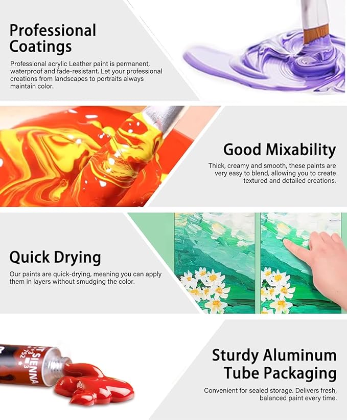 Colorful Acrylic Leather Paint for Shoe Painting- 24 Colors Leather Paint for Bag & Wallet Decor, Leather Jacket Care, Crafts DIY & Customizing Leather Projects
