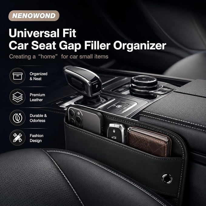 Premium Leather Car Seat Gap Filler Organizer, Universal Center Console Storage for Phone Keys Wallet, Car Accessories for SUV Truck Sedan(2Pack) (Black)