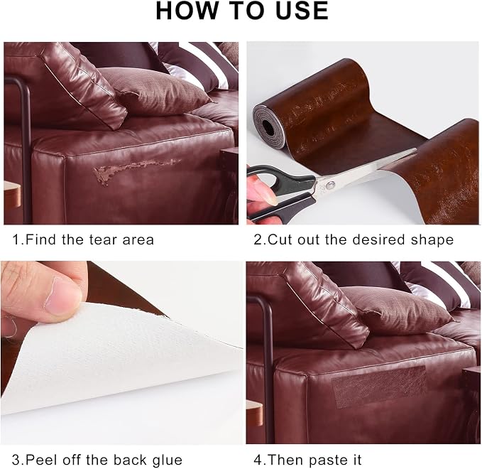 YAFLC Leather Repair Patch for Furniture, 4" x 63" Self Adhesive Leather Repair Kit Vinyl Repair Tape for Car Seat Sofa Jackets Couches Chair Glossy Chestnut