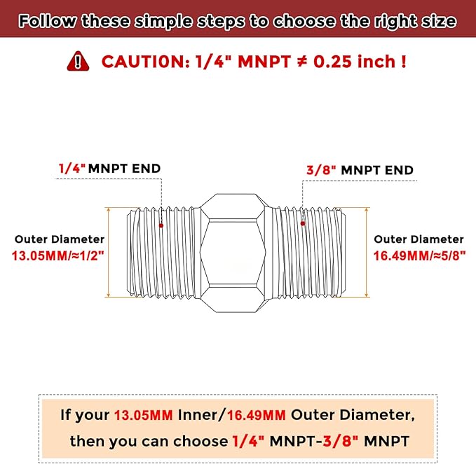 Pack of 6, 1/4" MNPT to 3/8" MNPT Solid Brass Hex Nipple Hose Connectors W/Sealing Tape, Male Pipe Adapter for Pipe Leak Repair, Bathroom Remodeling, Tool Extensions, Compression
