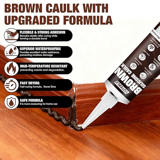Brown Caulk, Shrink & Crack Proof Brown Silicone Caulk for Kitchen Bathroom Window Toilet Sink Door Caulking Sealant, Waterproof Stronger Adhesion, All Purpose, 100ML