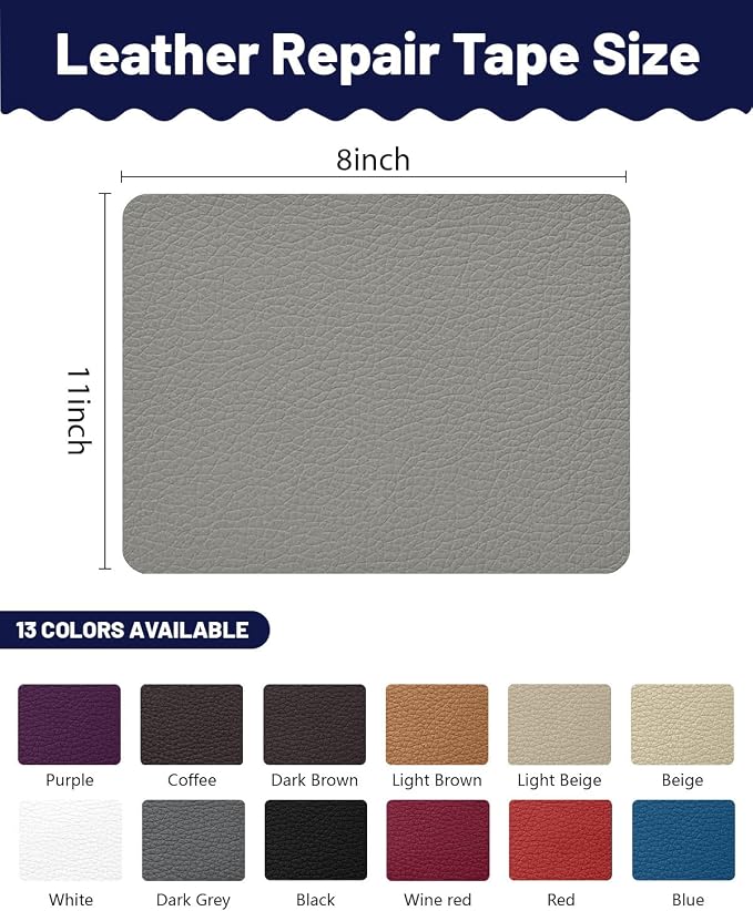 BOUYEER Leather Repair Patch Tape Kit,Self Adhesive Leather Repair for Sofa，Car Seat,Office Chair,Furniture,Jacket,Waterproof Strong Adhesive Vinyl Repair Kit. 8 in x 11 in,Grey