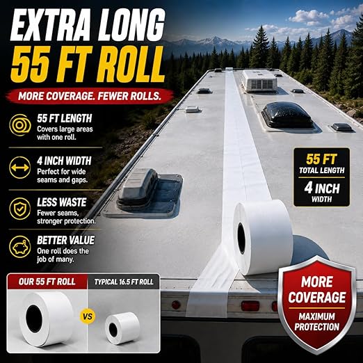 Trazon RV Roof Seal Tape 4 Inch x 55 Ft White - Professional Grade Butyl Sealant for RVs, Campers, Motorhomes, Trailers - Waterproof, UV Resistant, Easy DIY Leak Repair for Roofs, Vents, Windows