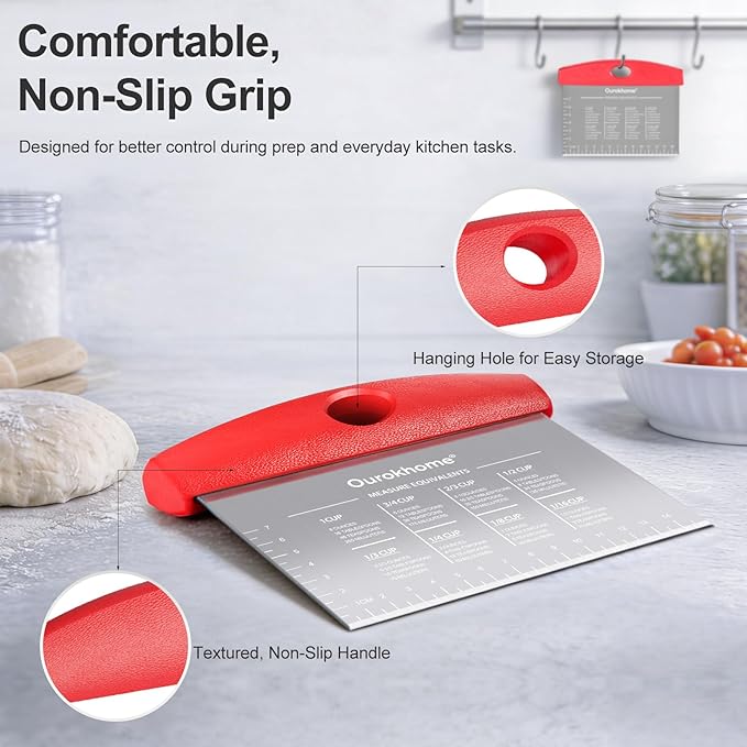 Ourokhome 2 Pack Bench Scraper Dough Cutter, Stainless Steel Dough Scraper with Laser-Etched Scale, Conversion Chart, Non-Slip Handle, Dishwasher Safe for Bread & Pastry, Red