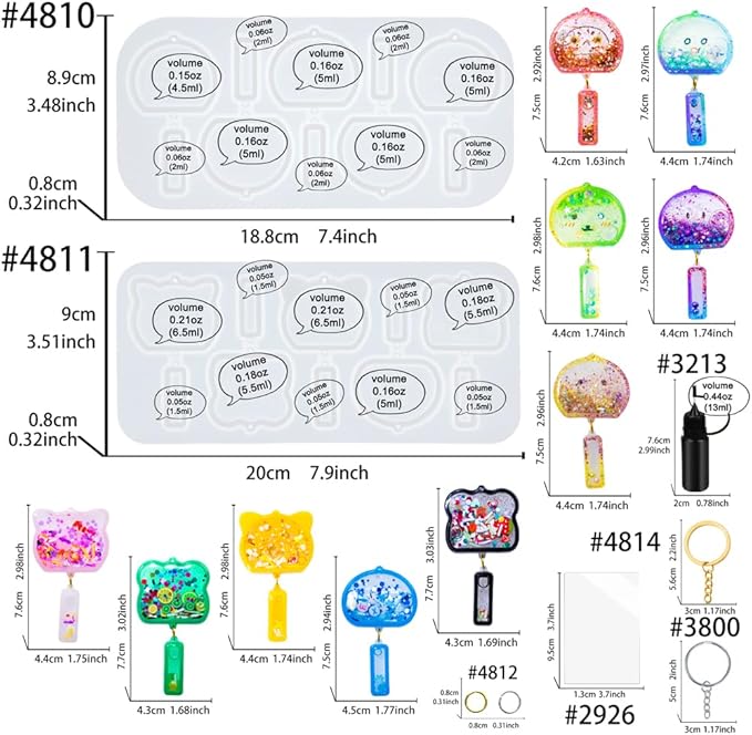 FUNSHOWCASE Wind Chimes Resin Shaker Molds Set Keychain Charms Pack of 68 Epoxy Silicone Trays Precision Tip Applicator Bottle Kit Bundle
