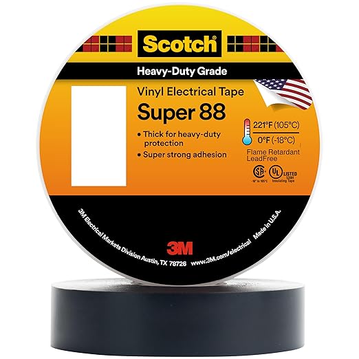 3M Scotch Vinyl Electrical Tape Super 88, 3/4 in x 36 yd (108 ft), Black, 1 Long Roll, Premium Grade, Rubber Resin Adhesive, PVC Backing, All-Season Heavy Duty Electric Tape