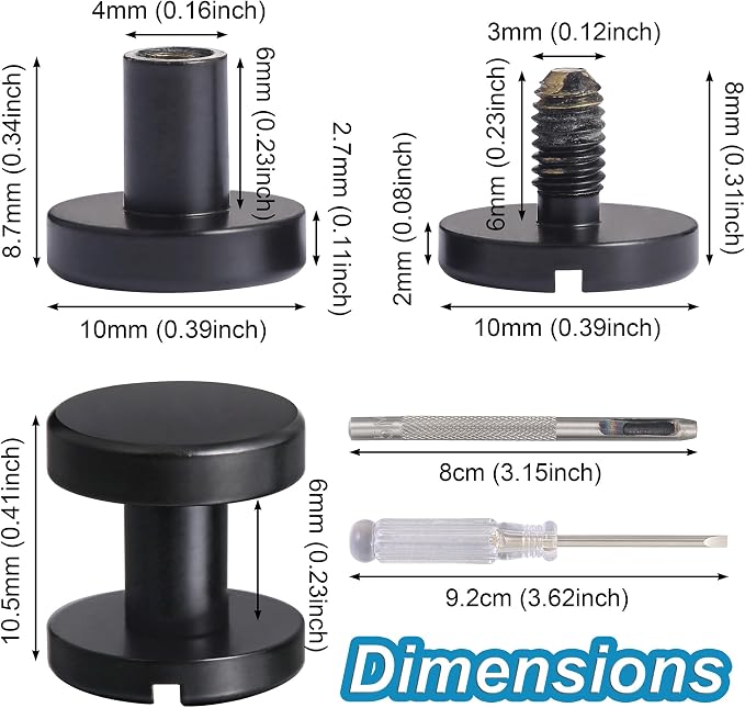 Notgia 6 Sets 10x6MM Brass Chicago Screws Rivets for Leather Binding Screws Studs Purse Hardware Spikes and Studs for Repair Decorate Clothing Shoes Belt Collar Leather Craft (Black)