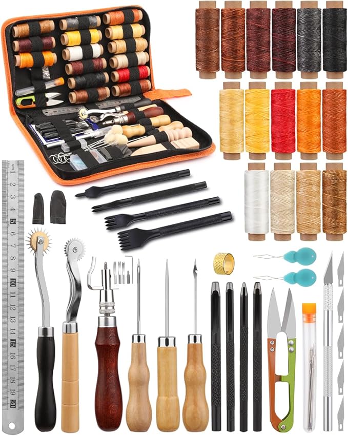 BUTUZE Leather Working Tools, Practical Leather Craft Kit with Waxed Thread Groover Awl Stitching Punch Hole for Leathercraft Beginner or Adults Gifts