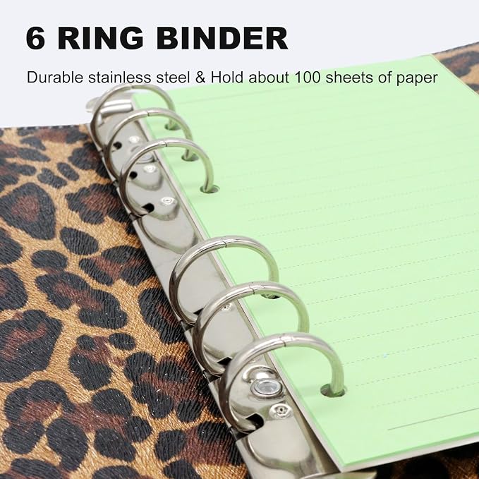 Convend A6/A5 Refillable 6 Ring Faux Leather Budget Binder,Mini Notebook Binder Cover for A6 Filler Paper,Loose Leaf Personal Planner Cover with Magnetic Buckle Closure (Leopard)