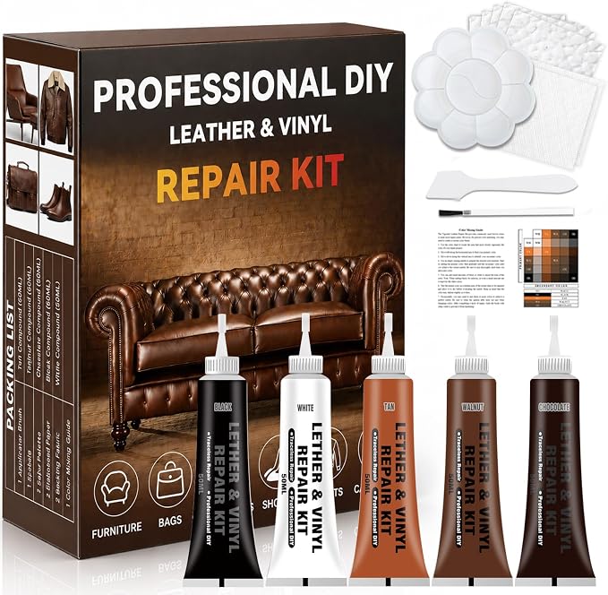 Brown Leather Repair Kit for Furniture, Car Seats, Couch, Steering Wheel, Leather and Vinyl Repair Kit with Super Easy Instructions, Efficiently Repairs Scratches, Peeling, Tears, Holes of All Leather