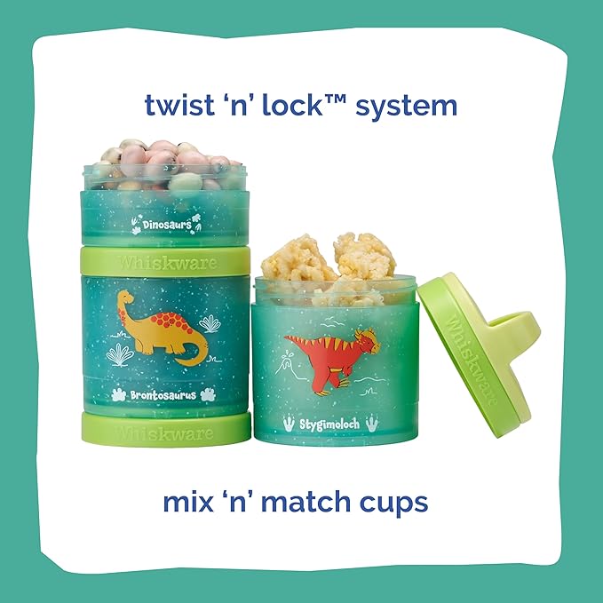 Whiskware Dinosaur Stackable Snack Containers for Kids and Toddlers, 3 Stackable Snack Cups for School and Travel, Green/Blue