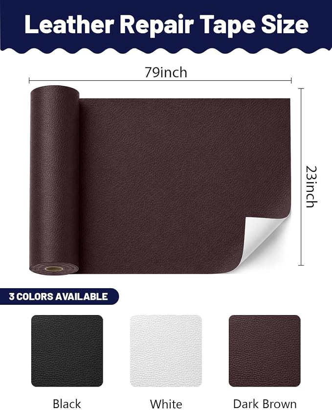 BOUYEER Leather Repair Patch Tape Kit,Self Adhesive Leather Repair for Sofa，Car Seat,Office Chair,Furniture,Jacket,Waterproof Strong Adhesive Vinyl Repair Kit. 23 in x 79 in,Dark Brown