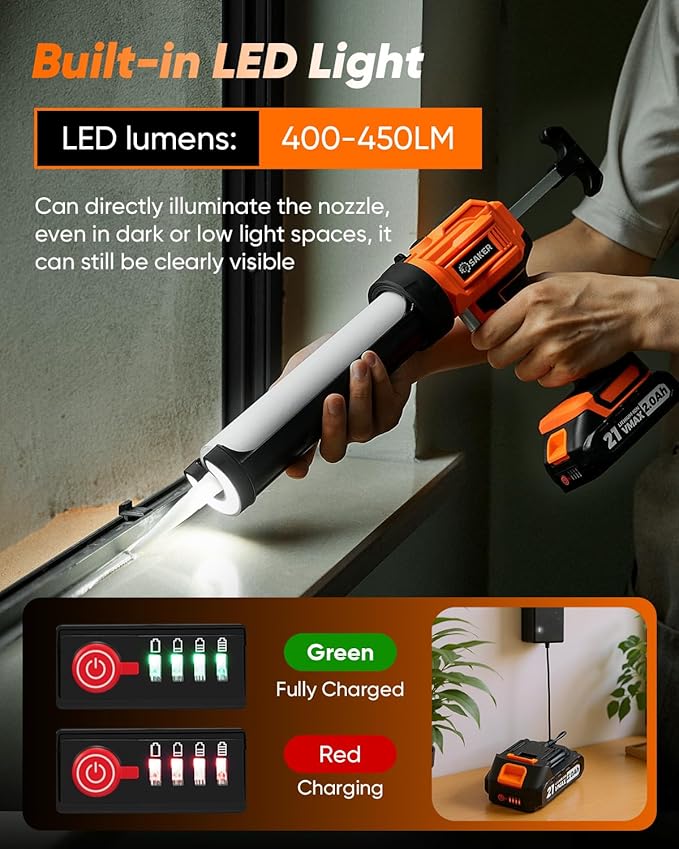 Saker Electric Caulking Gun Cordless Caulk Gun Drip-free with Caulking Tools 4 Adjustable Speeds with LED Light 10oz/300ml for Kitchen Bathroom Filling, Sealing 2 Batteries