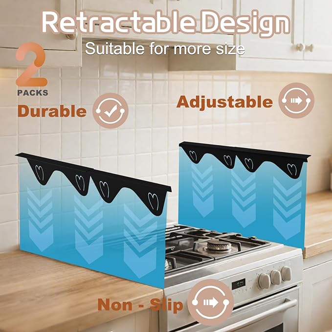 Stainless Steel Stove Gap Covers, 2 Pack Extendable Stove Gap Filler 13.8"-27.5", 0.79" Wide, Deep-Lock Heart Clips, Heat Resistant Range Trim Kit for Kitchen Counter Gaps, Black