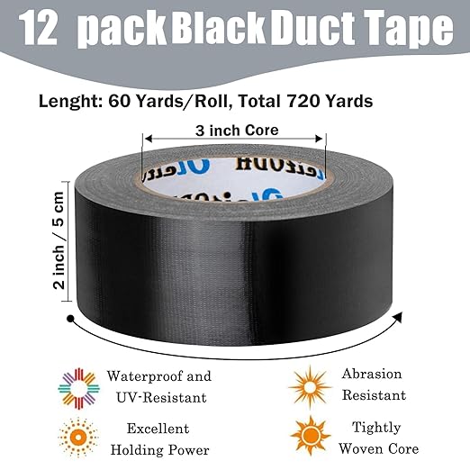 Oleitodh 12 Pack Black Duct Tape Bulk 2 inch 60 Yards Each,Strong No Residue Heavy Duty Duct Tape, All-Weather, Tear by Hand, Waterproof Tape for Indoor Outdoor Use,Multi Purpose Home Repair