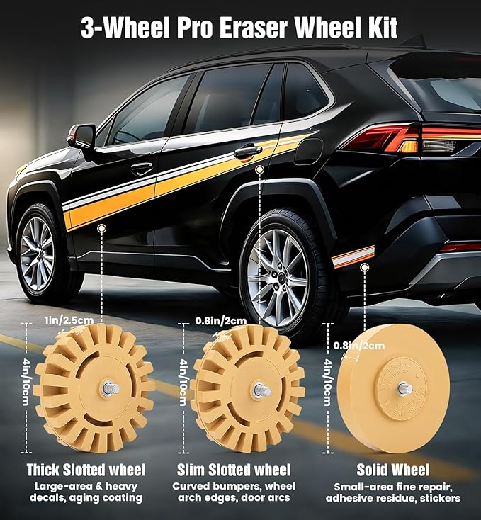 Eraser Wheel Decal Remover Tool Kit, 3 Upgraded Rubber Wheels with Razor Blade Scrapers & Drill Adapters, Removing Adhesive Stickers Vinyl Pinstripes Emblem Label Glue for Car Truck RV