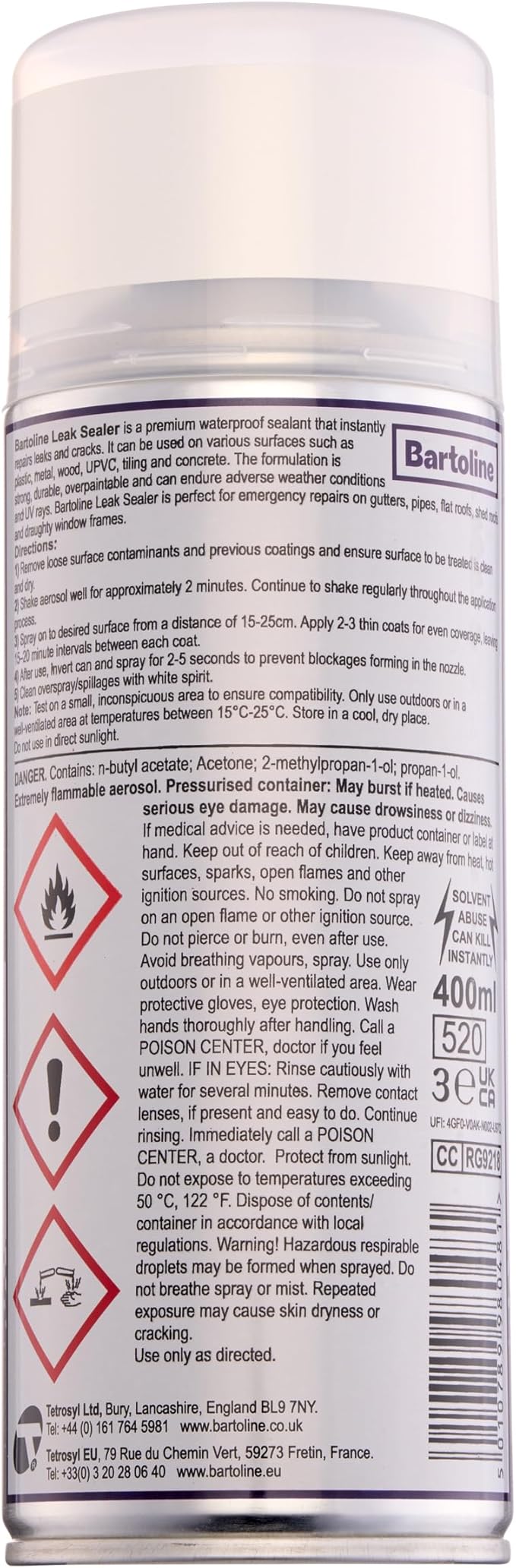 Bartoline Leak Sealer Spray,White 13.5 oz - Waterproof Sealant for Roofs, Gutters, Pipes, Cracks & Outdoor Repairs Durable & Overpaintable - 400 ml