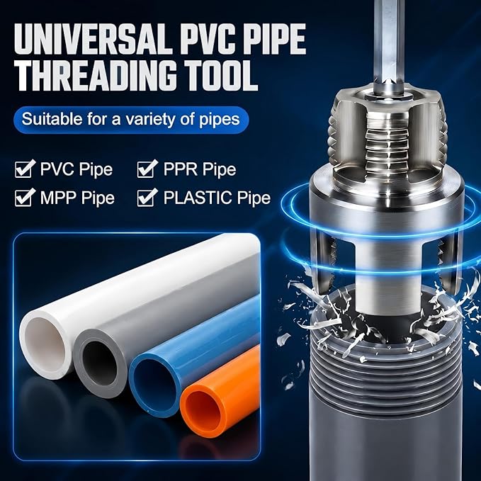 3 Pcs Pipe Thread Cutting Tool & PVC Pipe Threader Kit, Internal & External Rethreading Tool for 1/2", 3/4" & 1" PVC Plastic Pipes, Electric Drill Compatible for Plumbing Repair