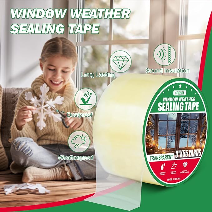 1Pack Window Weather Sealing Tape, 3in x 55y,Clear Window Insulation Tape for Doors Windows and Shower Glass Gaps,‎Waterproof,No Residue