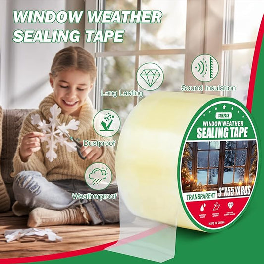 1Pack Window Weather Sealing Tape, 3in x 55y,Clear Window Insulation Tape for Doors Windows and Shower Glass Gaps,‎Waterproof,No Residue