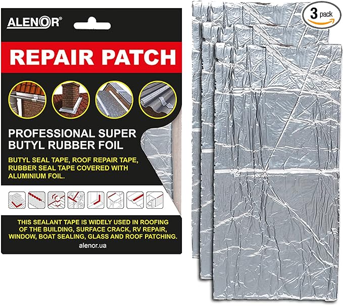 Alenor Aluminum Butyl All Weather Repair Patch 4"x6" (Pack of 3) Waterproof Sealing Patch Roof Leak Indoor Outdoor Pipe Vent Air Conditioner Window Seal Unit Rain Gutters Flashing Auto Boats