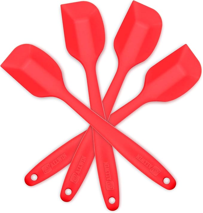 4‑Piece Silicone Spatulas Set Heat Resistant 600°F Seamless Steel‑Core Rubber Spatulas for Nonstick Cookware ALLWIN HOUSEWARE Uniform Length Kitchen Spatulas for Cooking & Baking, Red