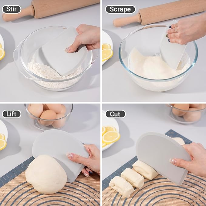 Silicone Dough Scraper with Stainless Steel Sheet, Curved Edge Flexible Bowl Scraper for Baking, Food Grade Silicone Bench Scraper for Sourdough Bread Proofing Basket, Set of 2, Gray & Purple, SAPID