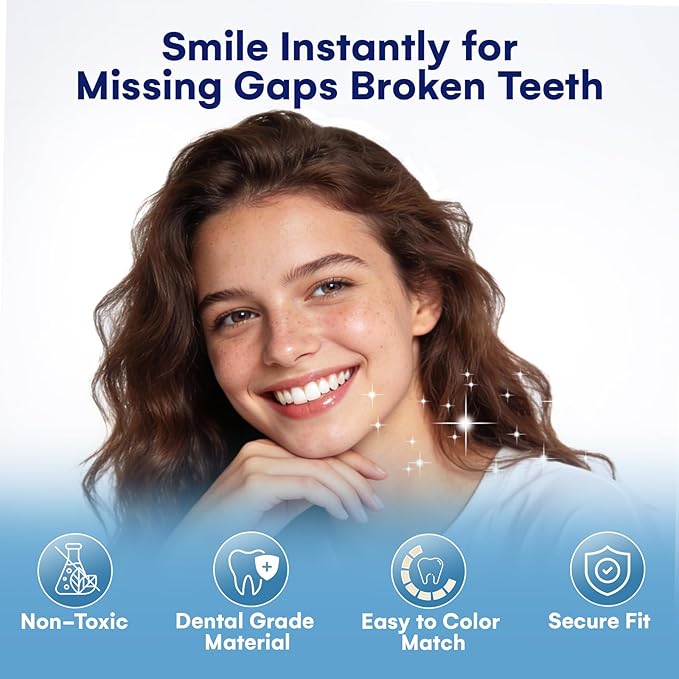 Temporary Tooth Repair Kit: Missing Tooth Replacement Kit Replace Missing or Broken Tooth Filling The Gap - Moldable False Teeth Come with 3 Shades 10 Size