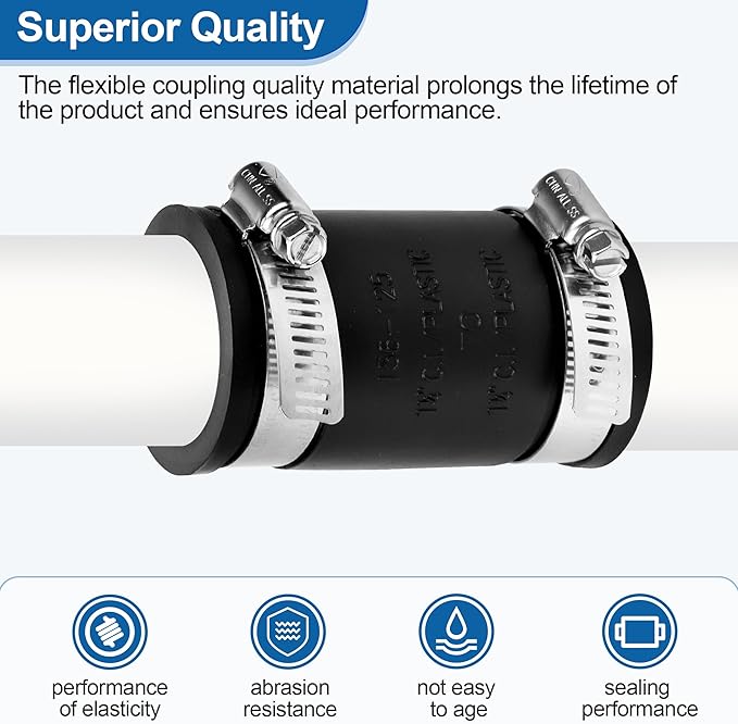 Flexible Coupling Pipe Fittings for 1-1/4" PVC Pipe or 3.925 Inch Circumference Copper Plumbing Connections, with Adjustable Stainless Steel Water Pipe Coupling Clamps Seal Installation