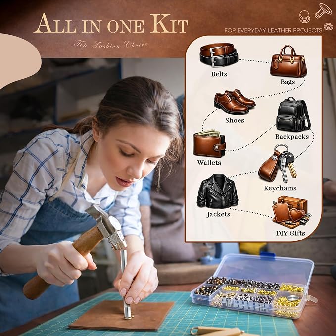 Jetmore 480 Pack Leather Rivets, Brass Rivets for Fabric, Leather Rivet Kit, Double Cap Rivet for DIY Leather Craft, Hats, Purse, Shoes, Bag, Remaches para Cuero