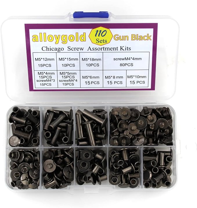 110 Sets Black Chicago Screws Leather Assorted Kit ，8 Sizes of Rivet Screws for Chicago Rivet for DIY Leather Craft and Bookbinding (M5 X 4, 5, 6, 8, 10, 12,15,18)
